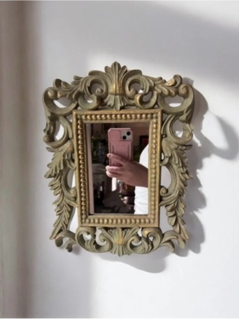 Ornate Vintage Decorative wall Mirror in Antiqued Gold and Green